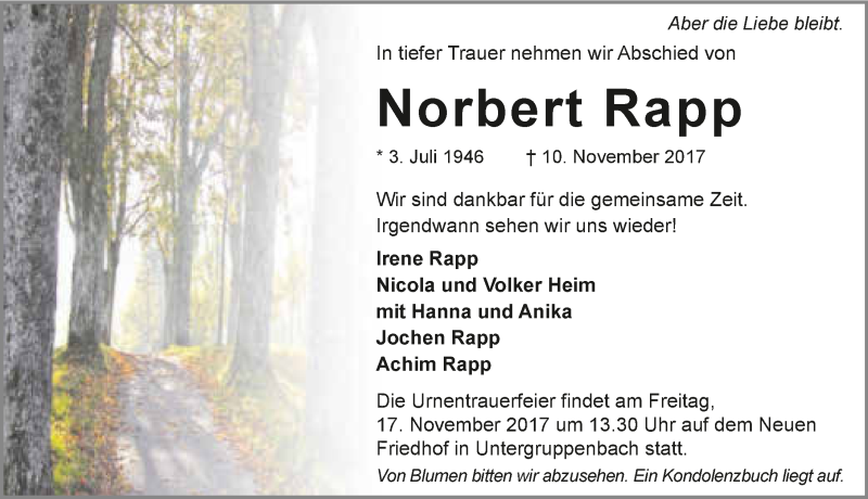  Traueranzeige für Norbert Rapp vom 14.11.2017 aus 