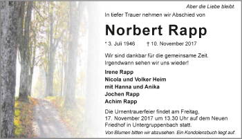 Traueranzeige von Norbert Rapp 