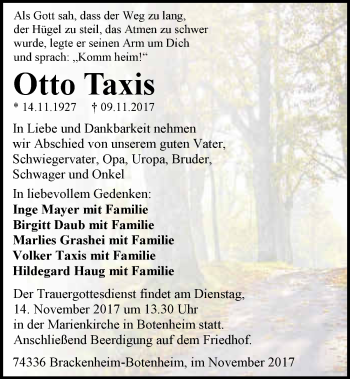 Traueranzeige von Otto Taxis 