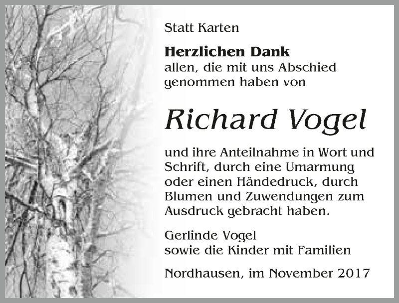  Traueranzeige für Richard Vogel vom 23.11.2017 aus 