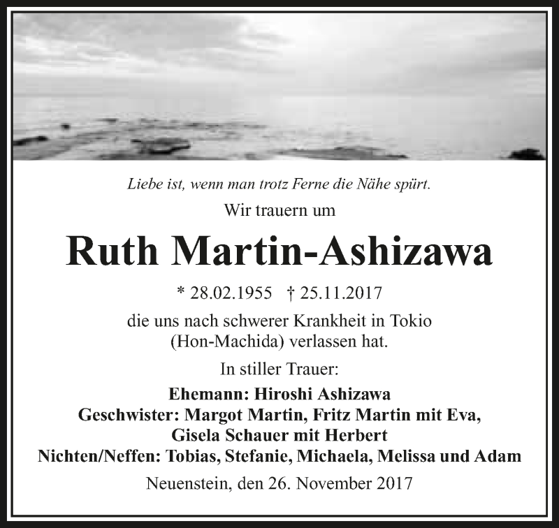  Traueranzeige für Ruth Martin-Ashizawa vom 28.11.2017 aus 
