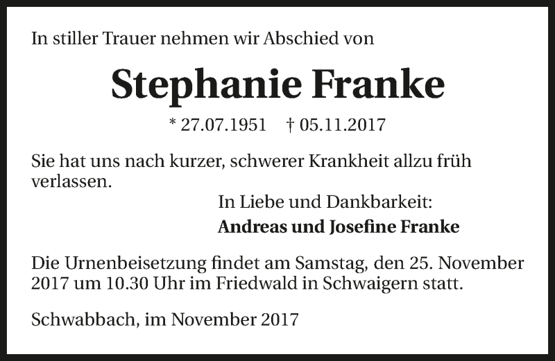  Traueranzeige für Stephanie Franke vom 22.11.2017 aus 