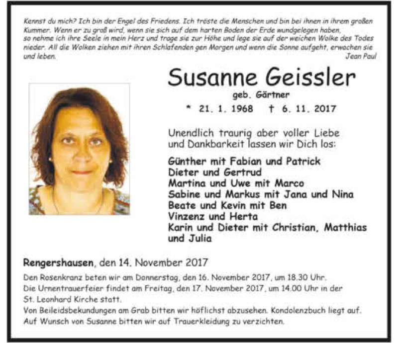  Traueranzeige für Susanne Geissler vom 14.11.2017 aus 