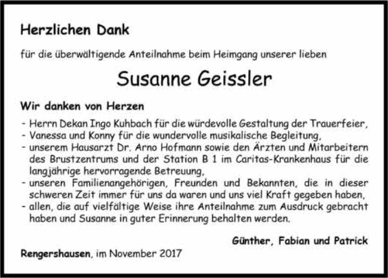  Traueranzeige für Susanne Geissler vom 28.11.2017 aus 