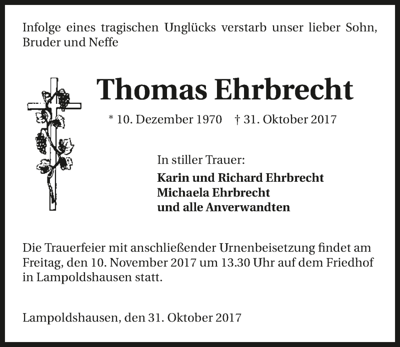  Traueranzeige für Thomas Ehrbrecht vom 08.11.2017 aus 