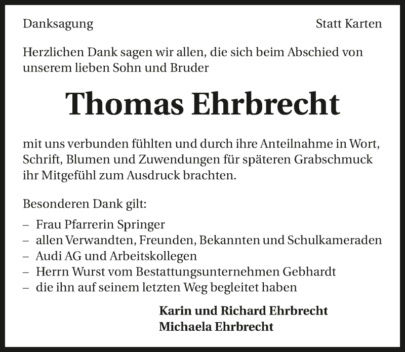  Traueranzeige für Thomas Ehrbrecht vom 22.11.2017 aus 