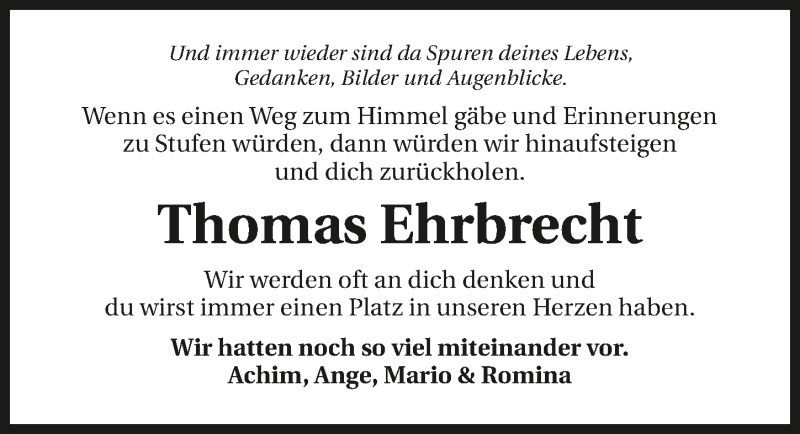  Traueranzeige für Thomas Ehrbrecht vom 09.11.2017 aus 