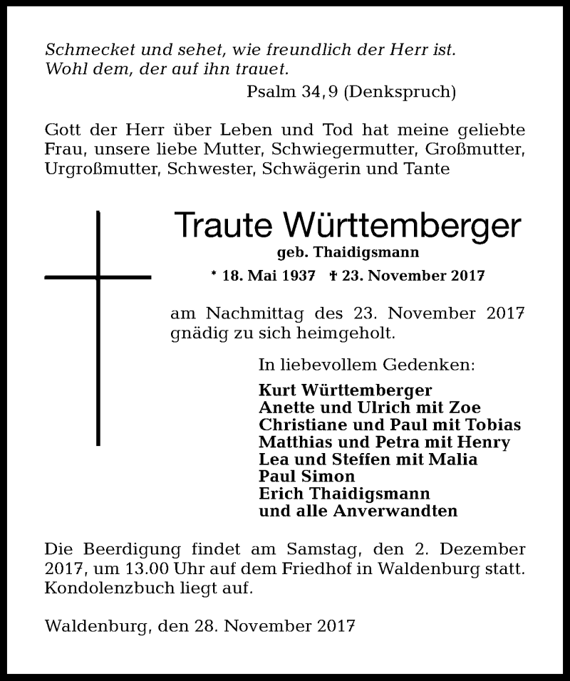  Traueranzeige für Traute Württemberger vom 28.11.2017 aus 