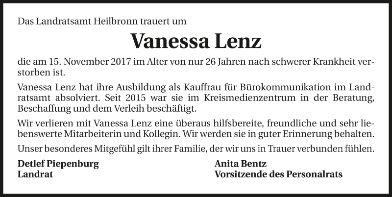 Traueranzeige für Vanessa Lenz vom 21.11.2017 aus 