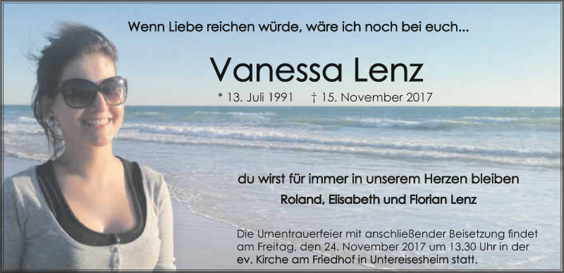  Traueranzeige für Vanessa Lenz vom 21.11.2017 aus 
