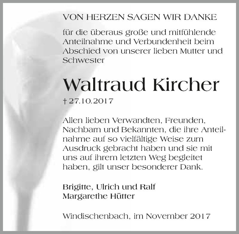  Traueranzeige für Waltraud Kircher vom 25.11.2017 aus 