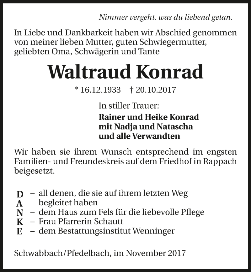  Traueranzeige für Waltraud Konrad vom 04.11.2017 aus 