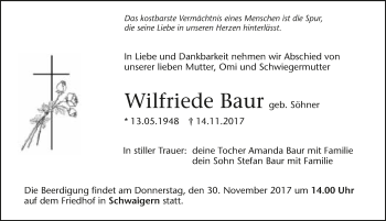 Traueranzeige von Wilfriede Baur 