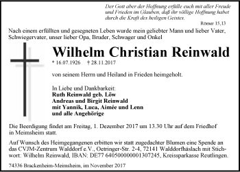 Traueranzeige von Wilhelm Christian Reinwald 