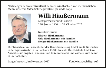 Traueranzeige von Willi Häußermann