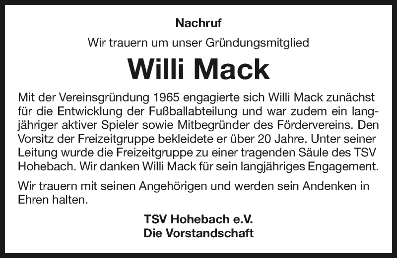  Traueranzeige für Willi Mack vom 08.11.2017 aus 