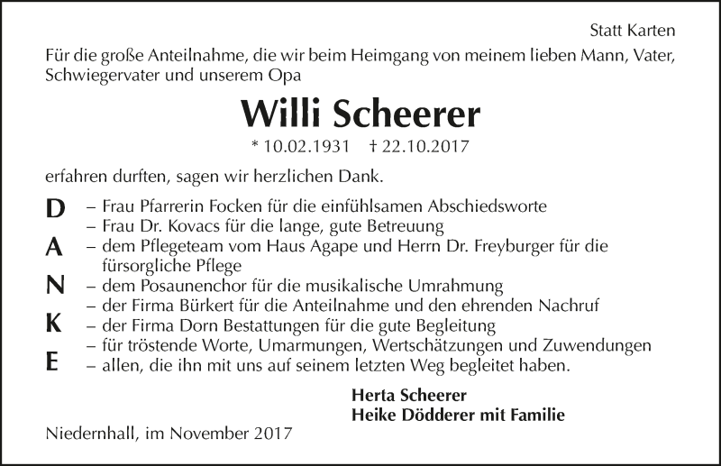  Traueranzeige für Willi Scheerer vom 17.11.2017 aus 