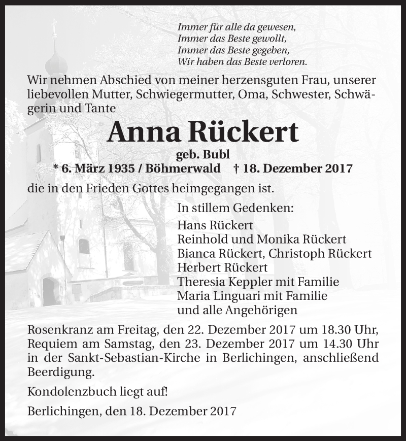  Traueranzeige für Anna Rückert vom 21.12.2017 aus 