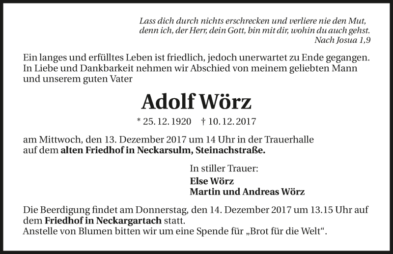  Traueranzeige für Adolf Wörz vom 12.12.2017 aus 