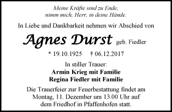 Traueranzeige von Agnes Durst 