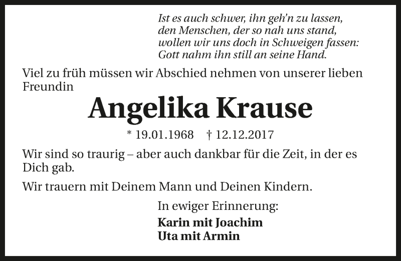  Traueranzeige für Angelika Krause vom 15.12.2017 aus 
