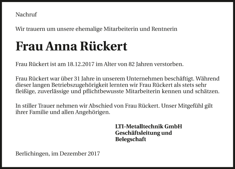  Traueranzeige für Anna Rückert vom 22.12.2017 aus 