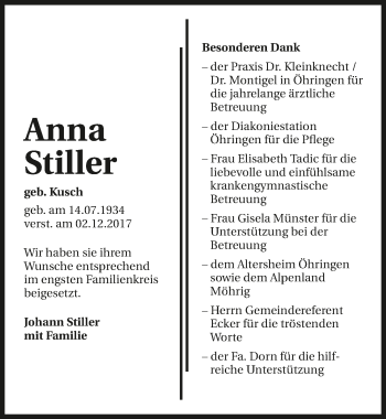 Traueranzeige von Anna Stiller 