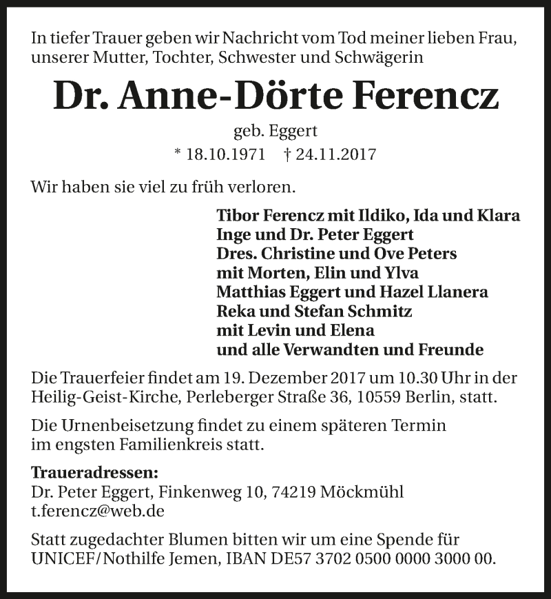  Traueranzeige für Anne-Dörte Ferencz vom 02.12.2017 aus 