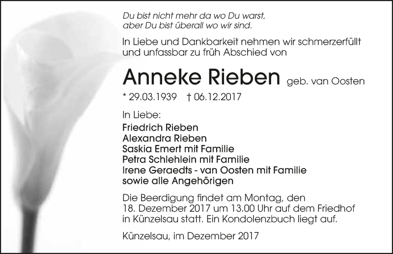  Traueranzeige für Anneke Rieben vom 14.12.2017 aus 