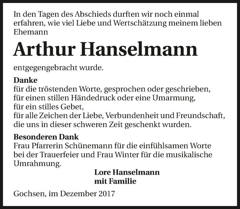  Traueranzeige für Arthur Hanselmann vom 15.12.2017 aus 