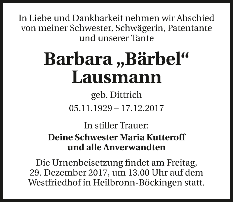  Traueranzeige für Barbara Lausmann vom 23.12.2017 aus 