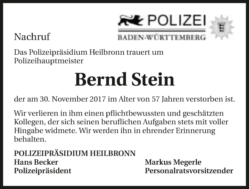  Traueranzeige für Bernd Stein vom 08.12.2017 aus 