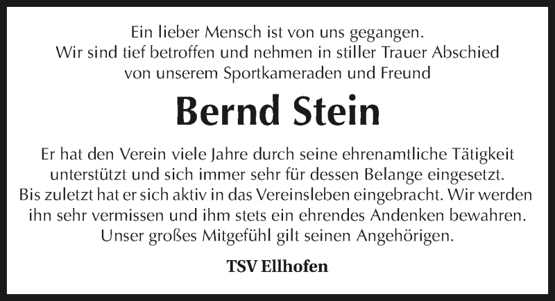  Traueranzeige für Bernd Stein vom 06.12.2017 aus 