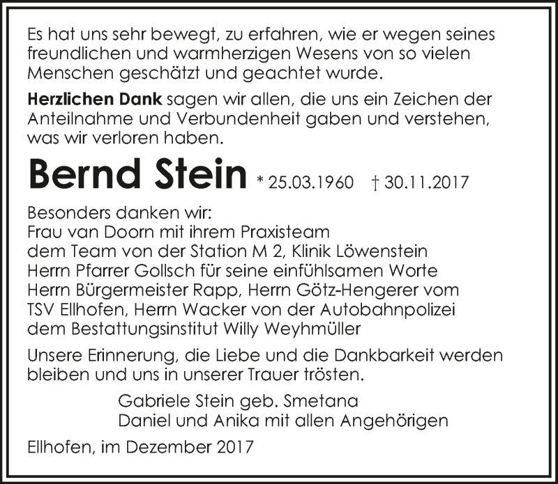  Traueranzeige für Bernd Stein vom 13.12.2017 aus 