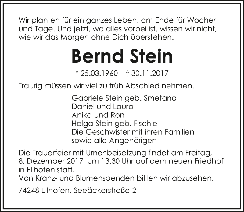  Traueranzeige für Bernd Stein vom 05.12.2017 aus 