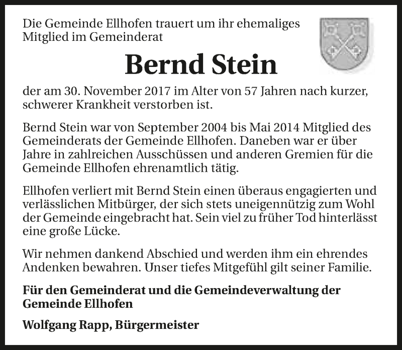  Traueranzeige für Bernd Stein vom 06.12.2017 aus 