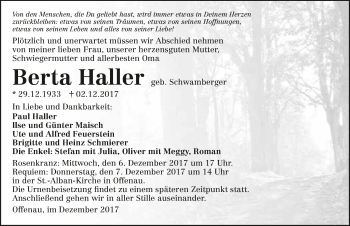 Traueranzeige von Berta Haller 