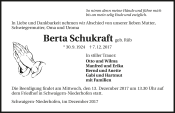 Traueranzeige von Berta Schukraft 