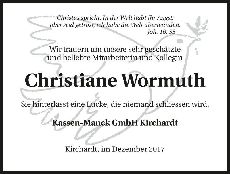  Traueranzeige für Christiane Wormuth vom 13.12.2017 aus 