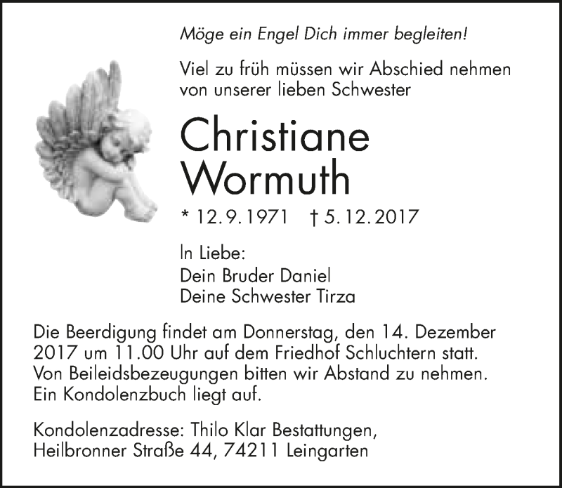  Traueranzeige für Christiane Wormuth vom 12.12.2017 aus 