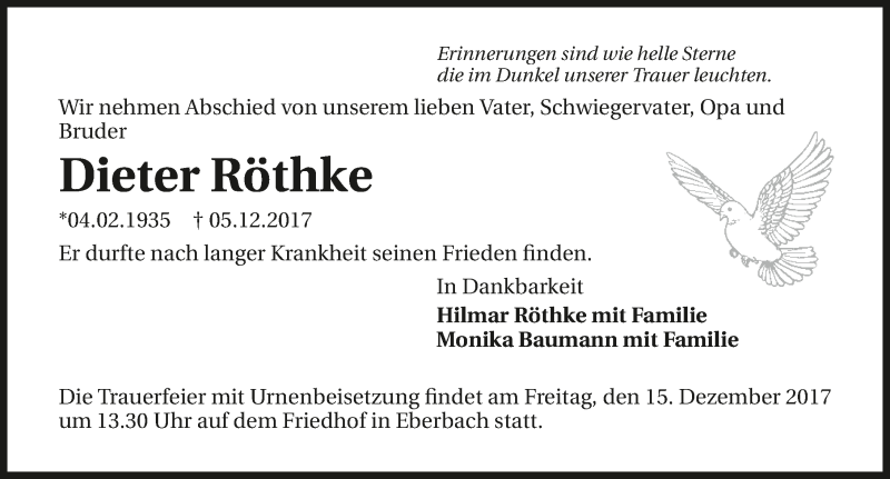  Traueranzeige für Dieter Röthke vom 12.12.2017 aus 
