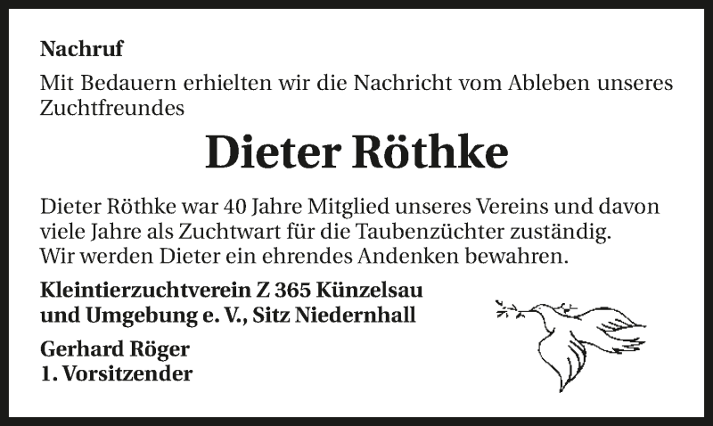  Traueranzeige für Dieter Röthke vom 13.12.2017 aus 