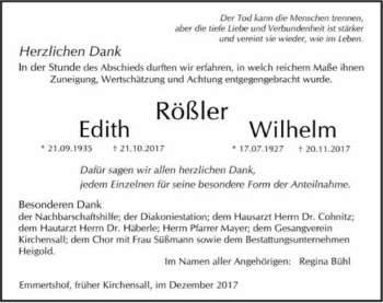 Traueranzeige von Edith und Wilhelm Rößler 