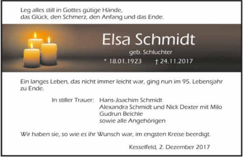  Traueranzeige für Elsa Schmidt vom 02.12.2017 aus 