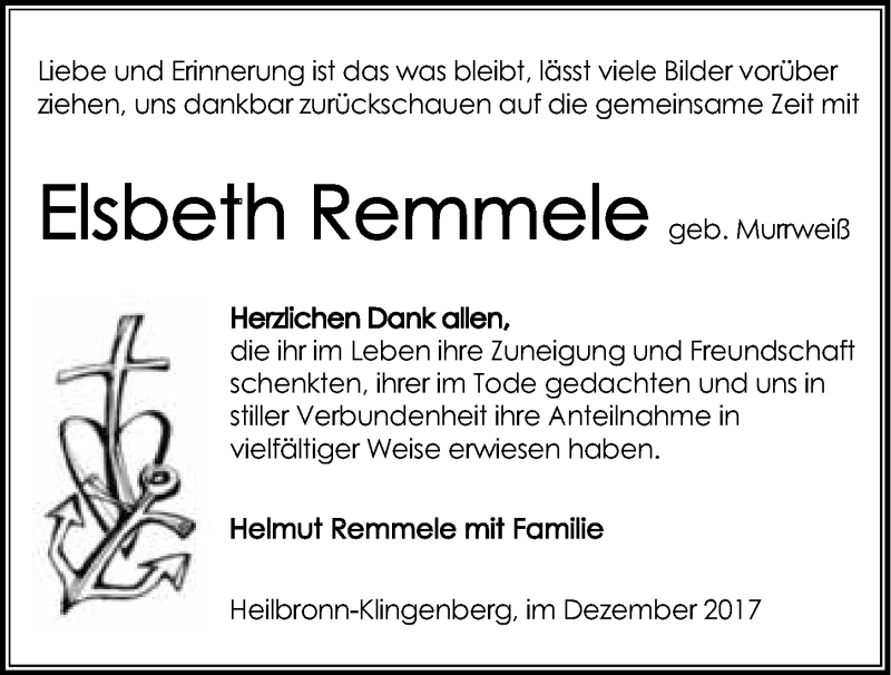  Traueranzeige für Elsbeth Remmele vom 16.12.2017 aus 