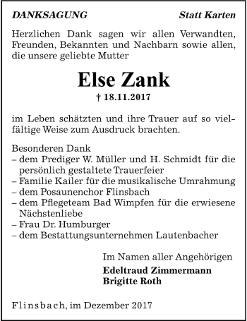 Traueranzeige von Else Zank 