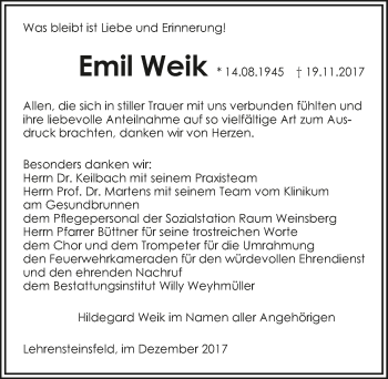 Traueranzeige von Emil Weik 