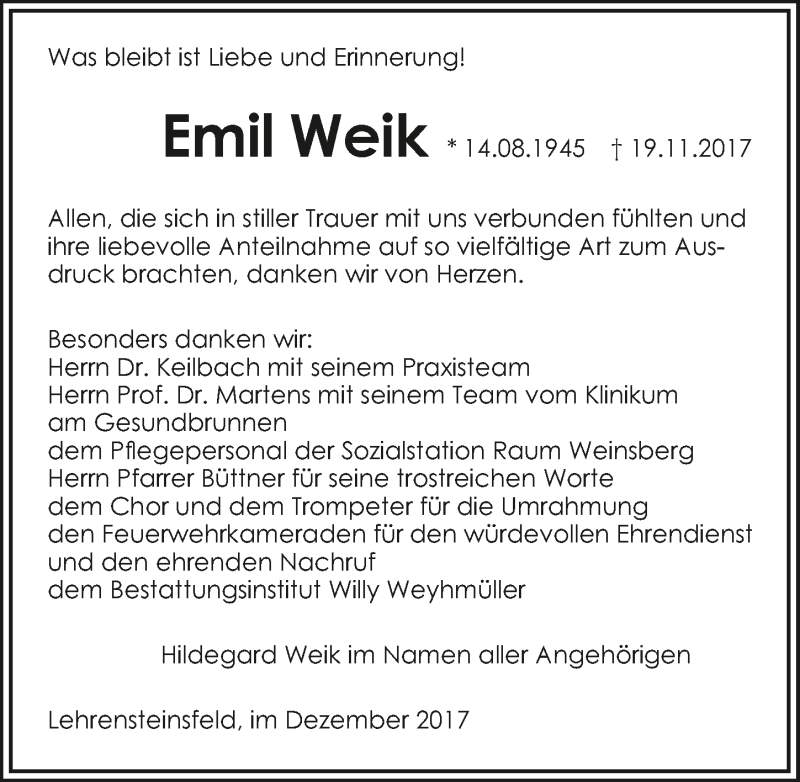  Traueranzeige für Emil Weik vom 02.12.2017 aus 