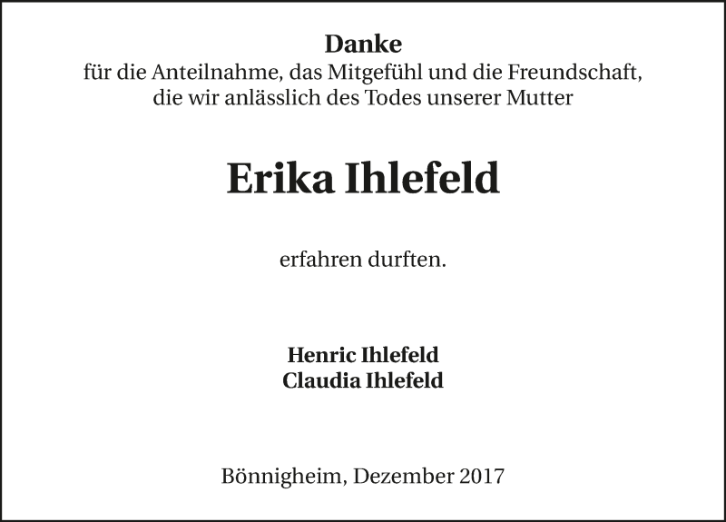  Traueranzeige für Erika Ihlefeld vom 30.12.2017 aus 