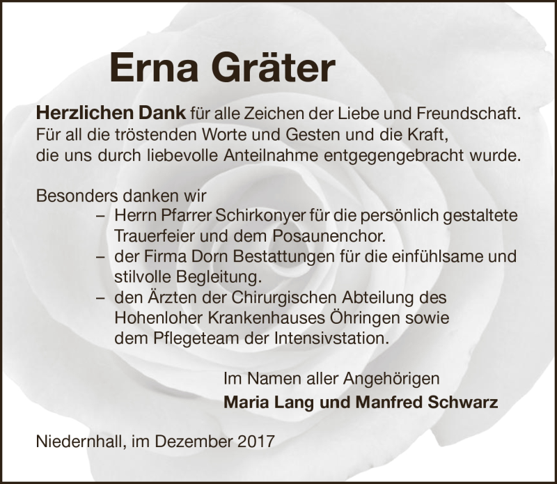 Traueranzeige für Erna Gräter vom 02.12.2017 aus 